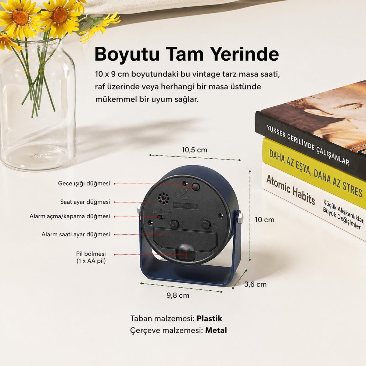 Valkyrie Sessiz Çalışan Mini Masa Saati | Akıcı Mekanizma, Gece Işıklı, Şık Dekoratif Lacivert