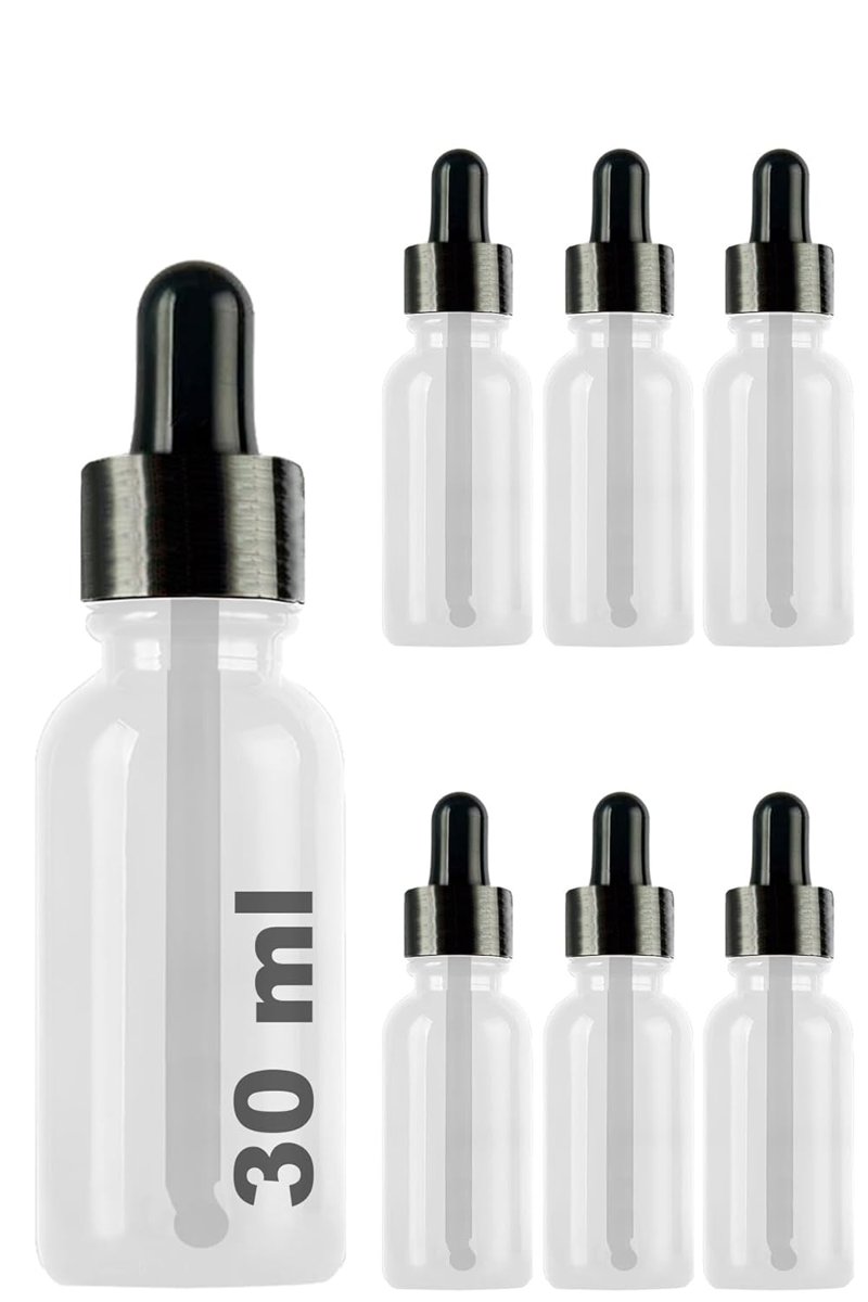 Afracam 30 ml Metal Kapaklı Damlalık Dropper Şişesi Serum 30 cc Cam Şişe 6 Adet (Siyah Kapak, Şeffaf)