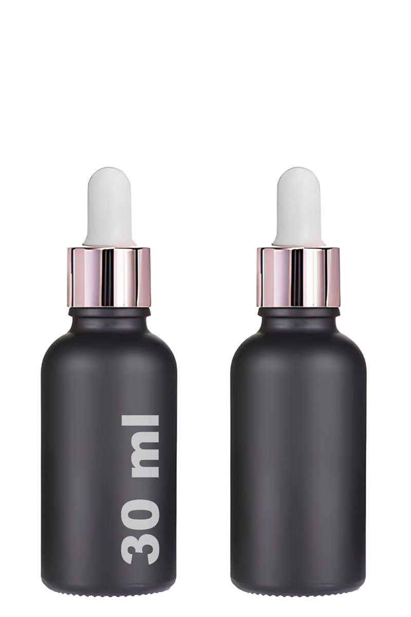 30 ml Mat Siyah Cam Damlalıklı Serum Şişesi 30 cc Renkli Metal Kapaklı Dropper Cam Şişe 2 Adet (Rose Gold Yüzük | Beyaz Lastik)