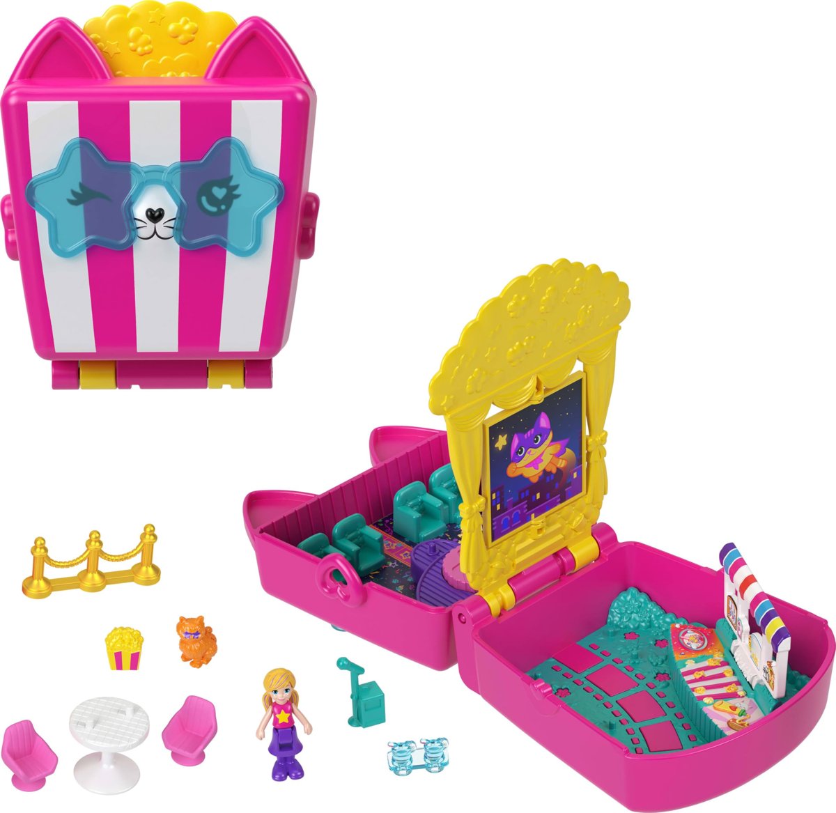 Polly Pocket mini bebek ve aksesuarları ile patlamış mısır temalı Kedicik Sineması mini oyun seti, m