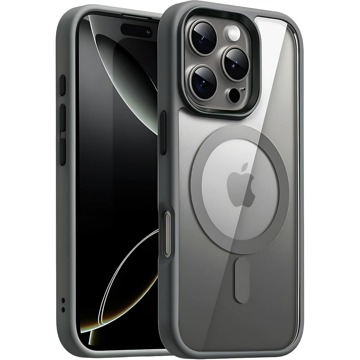 Minesk iPhone 16 Pro Max için SUPER-CRYSTAL Magsafe ile Uyumlu Kılıf Arkası Kristal Berraklığında Cam Görünüm Kenarları Darbe Emici Silikon Hybrid Kılıf (Titanyum Gri, 16 Pro Max)