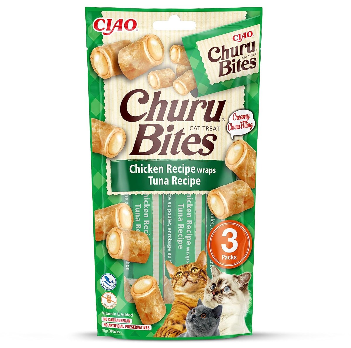INABA Churu Isırıkları - El Besleme için Kedi Tedavileri - Kremsi Dolgulu Çıtır Torbalar - Ton balığı