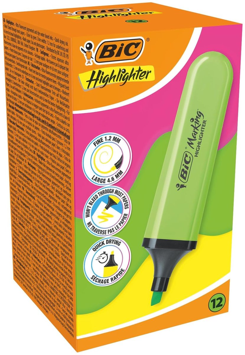 BIC Marking Flat Higlighter Fosforlu Kalem 12'li Kutu, Yeşil Fosforlu Kalem, Su Bazlı, Hızlı Kuruyan