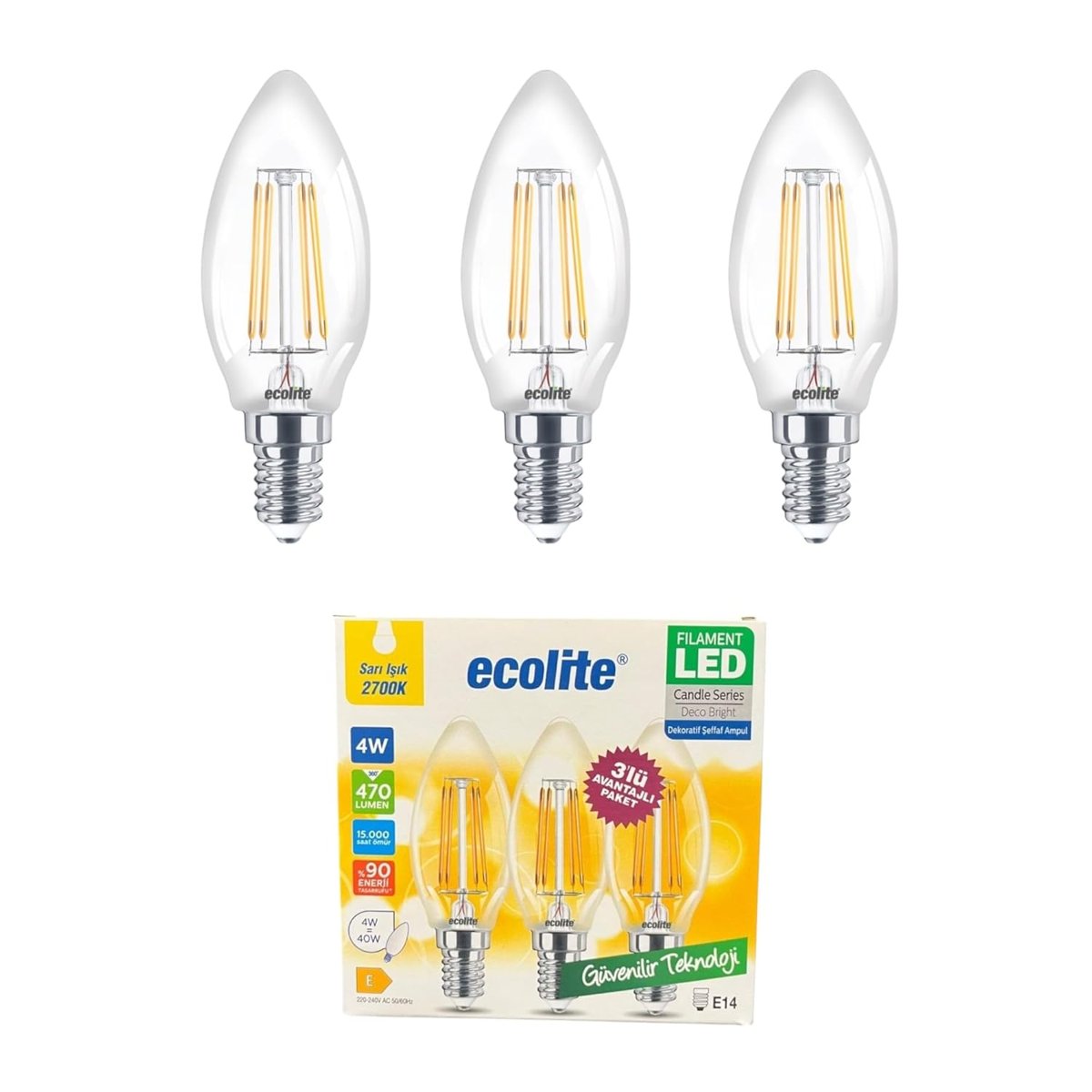 Ecolite 4W LED Filament Mum Ampul, E14 Duy, 2700K Sarı Işık, 470 Lümen, Şeffaf Cam, Akkor Görünümlü Dekoratif Lamba, 3'lü Paket