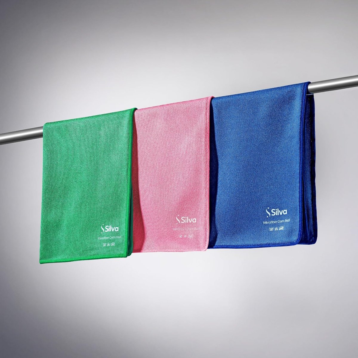 Silva Mikrofiber Cam Bezi Üçlü Set 42x42 cm - Hav ve İz Bırakmayan Cam Silme Bezi, Deterjansız Sadece Suyla Temizlik, Ayna Ekran Çelik ve Oto Camı İçin, Yeşil Mavi Pembe