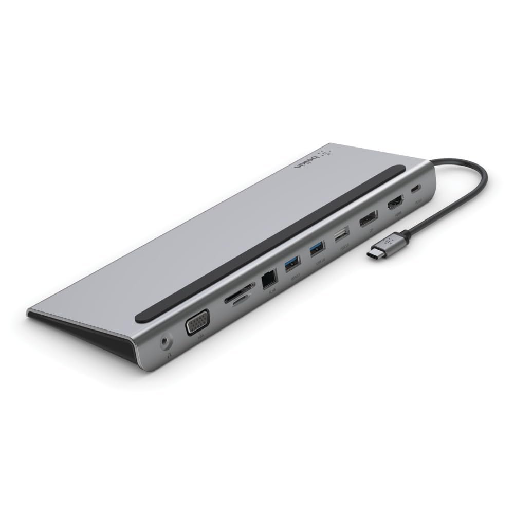 Belkin USB-C Hub, 11'i 1 arada Çoklu Bağlantı Noktalı Adaptör Yuvası, 4K HDMI, DisplayPort, VGA, USB-C ve 100W, Bağlı Cihazdan Şarj Etmek İçin, 3x USB A, Gigabit Ethernet, SD, MicroSD, 3,5 mm Jak