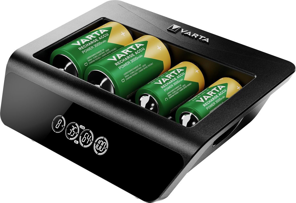 VARTA Akü şarj cihazı, şarj edilebilir AA/AAA/C/D/9V ve USB cihazlar için, LCD Universal Charger+, tek yuvalı şarj, donanımsız, siyah