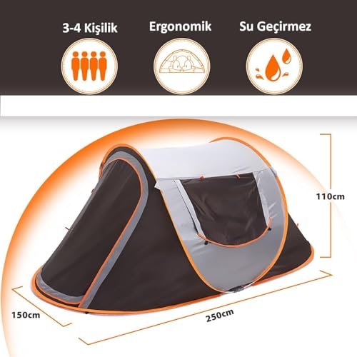 Valkyrie 3-4 Kişilik Hızlı Kurulum Otomatik Kamp Çadırı Sineklikli Çift Pencereli Su Geçirmez 240x150x110cm 4 Mevsim