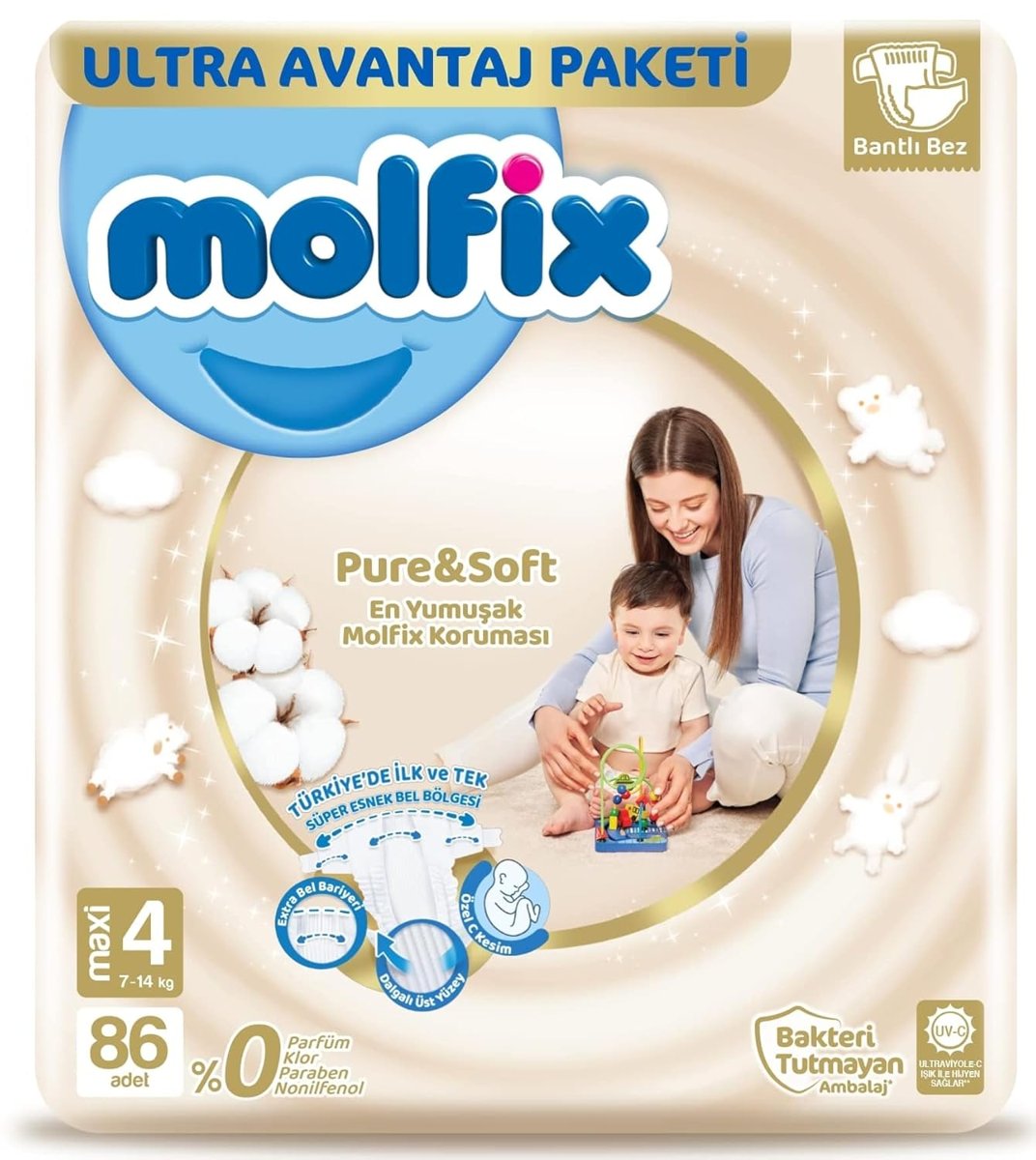 Molfix Bebek Bezi PureSoft Maxi 4 Beden Aylık Paket 86 Adet