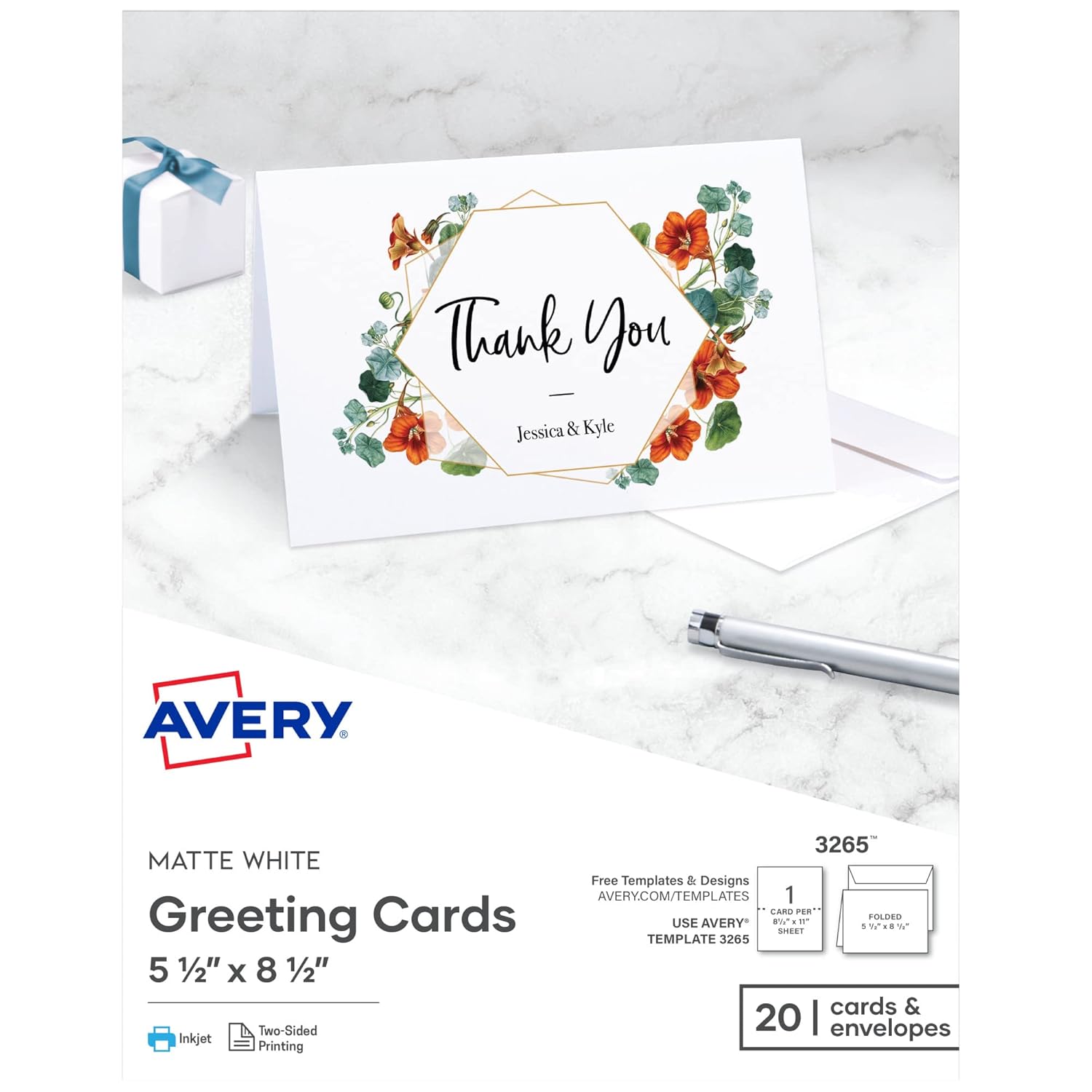 Avery Greeting Cards, Inkjet yazıcılar, 20 boş kart ve zarf, 5,5 x 8,5, katlanmış (3265)