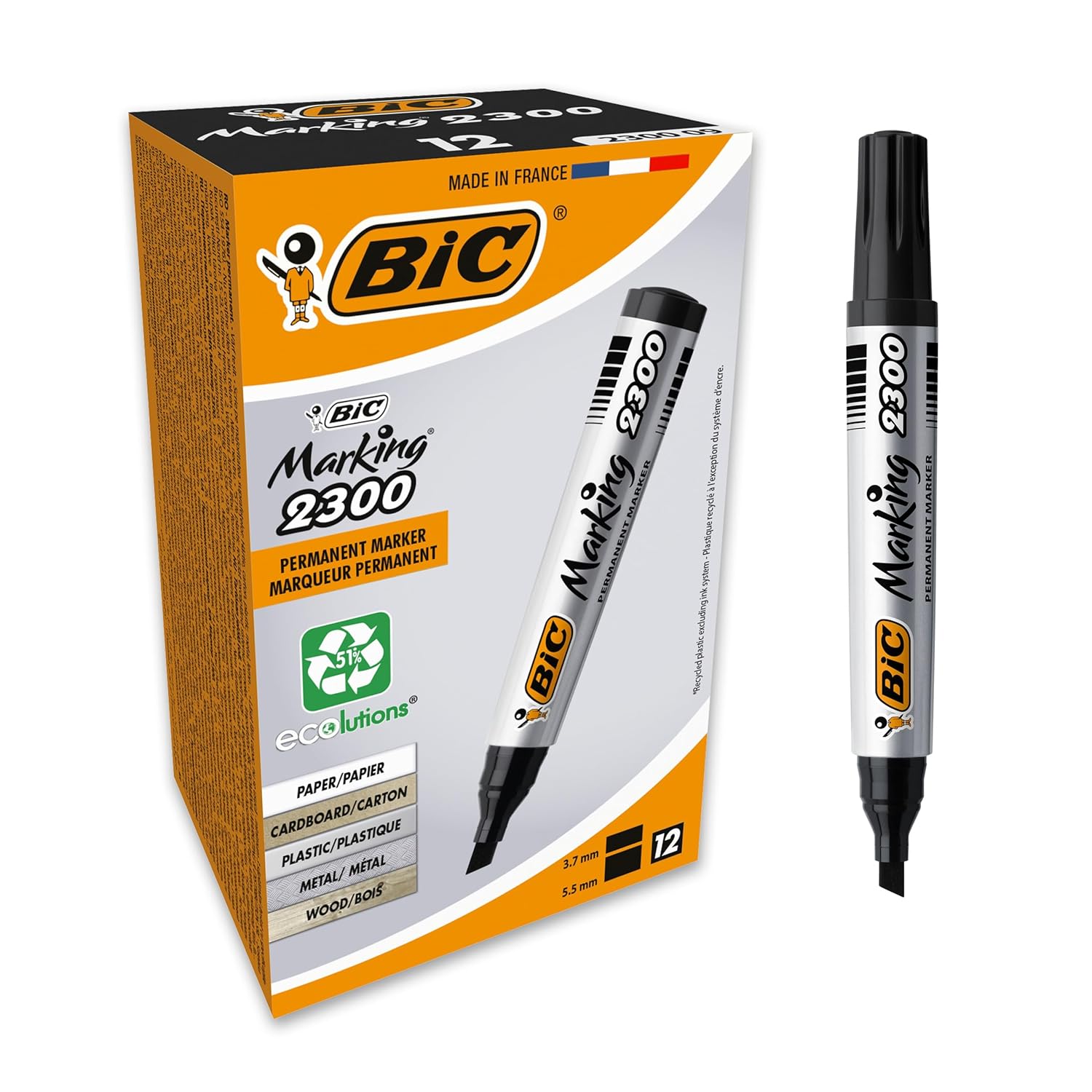 BIC Intensity Marker 2300 Kesik Uçlu Permanent Markör Siyah 12'li Kutu, 3,7 mm ile 5,5 mm Kalın Uç, Kapağı 1 Ay Açık Kalsa da Kurumayan Mürekkep