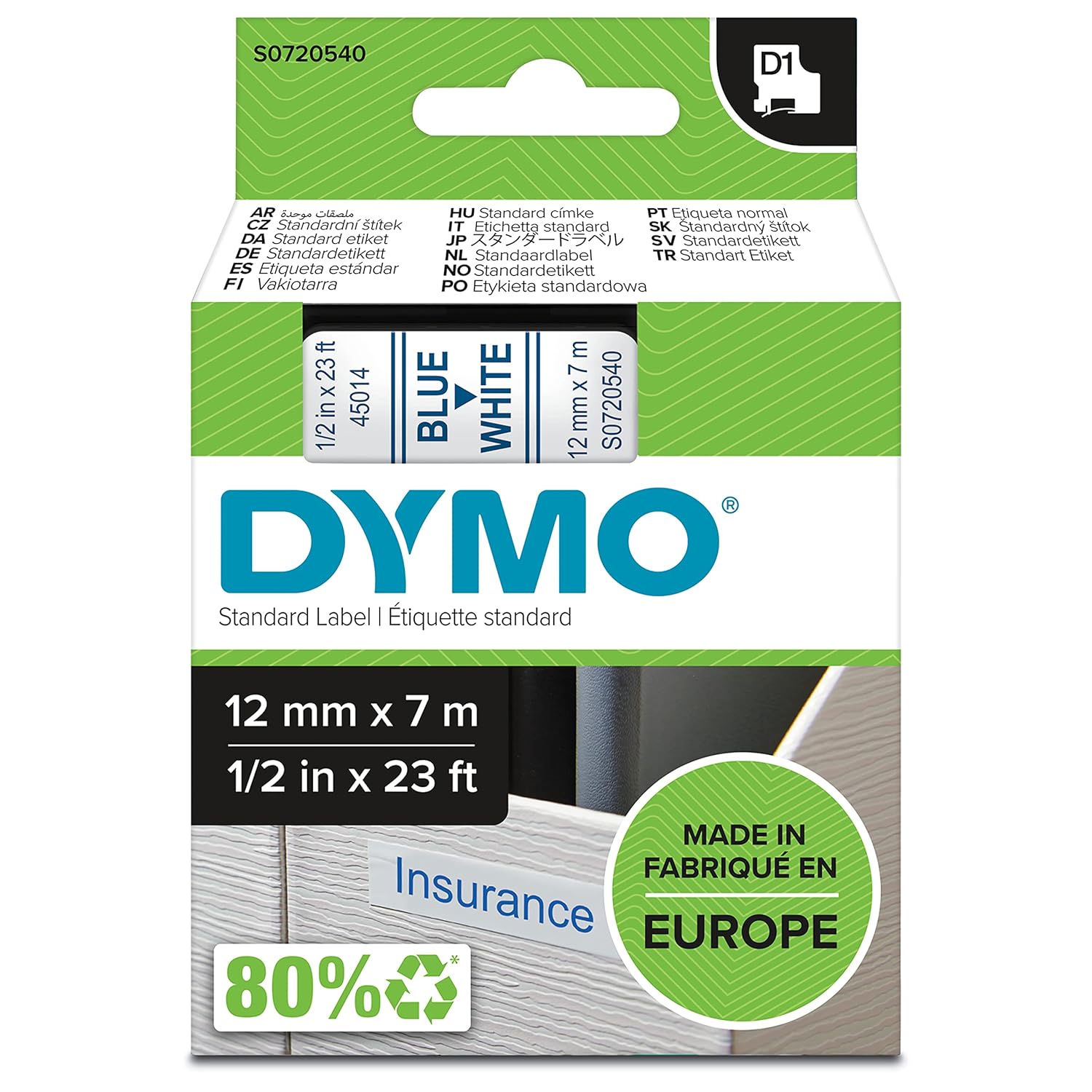 Dymo S0720540, D1 Yedek Şerit (12 mm x 7 mt), Beyaz/Mavi (45014)