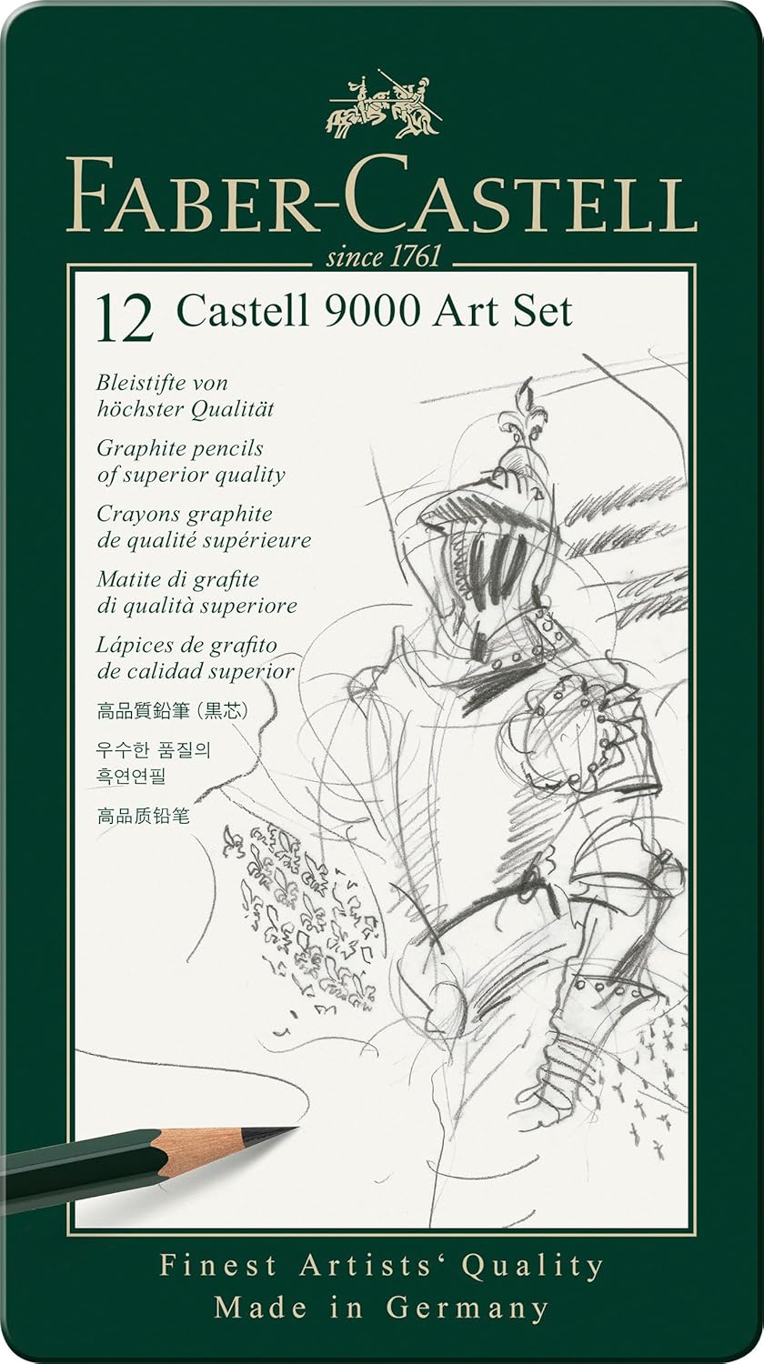 Faber-Castell 9000 Dereceli Kurşun Kalem Seti, 12’li (8B, 6B, 4B, 2B, B, HB, F, H, 2H, 3H, 4H, 5H), Naturel Siyah, Teknik Çizim ve Eskiz İçin, Dayanıklı Uç, Sanat ve Grafik Çalışmaları