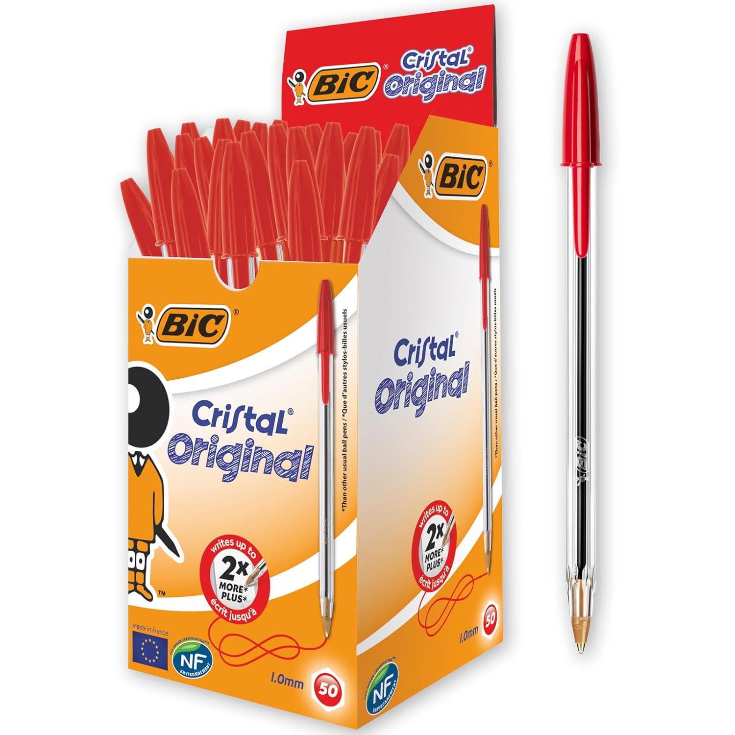 BIC Cristal Medium Tükenmez Kalem Kırmızı 50'li Kutu, 1.0 mm Orta Kalınlıkta Uç, Şeffaf Gövde, Delikli Kapak