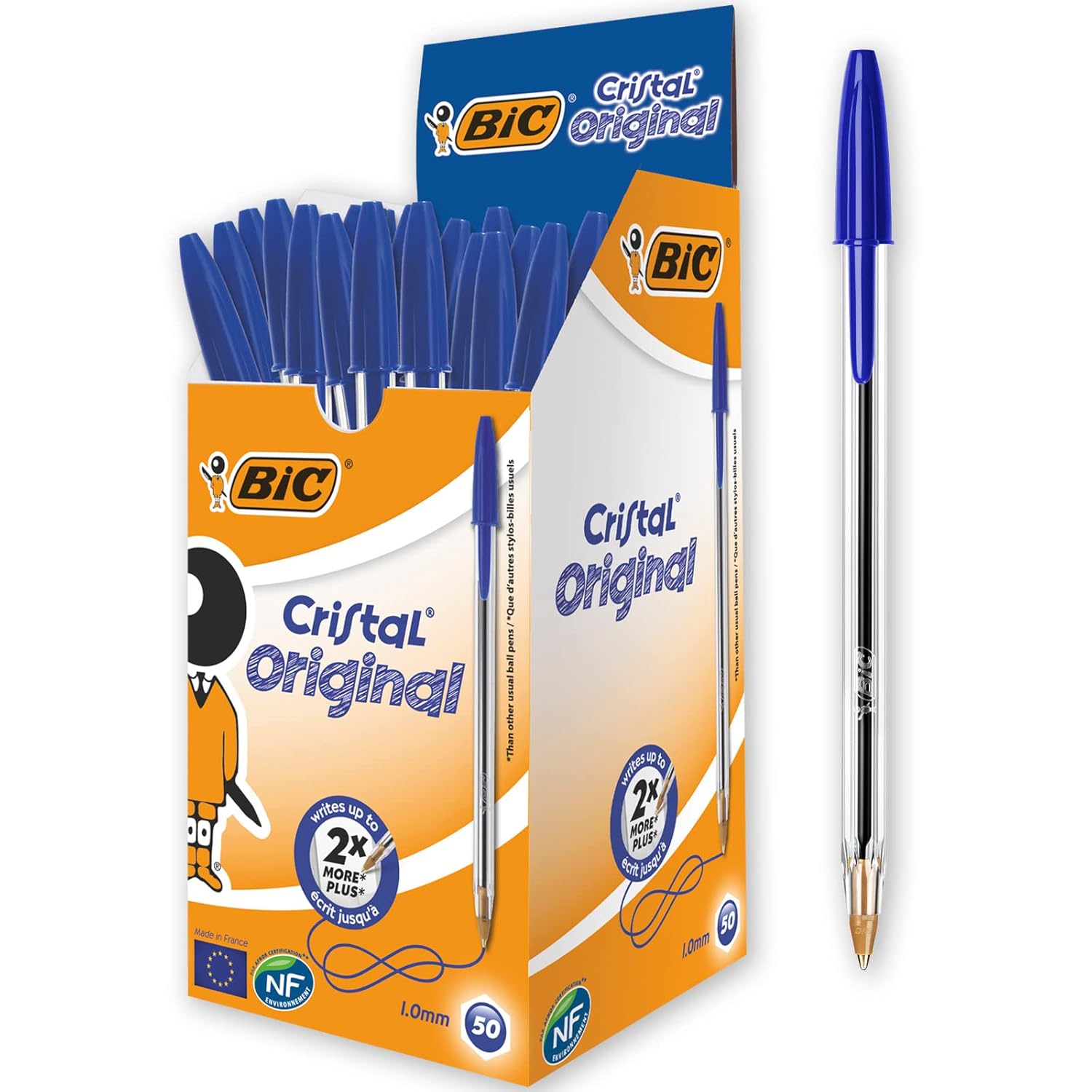 BIC Cristal Medium Tükenmez Kalem Mavi 50'li Kutu, 1.0 mm Orta Kalınlıkta Uç, Şeffaf Gövde, Delikli Kapak