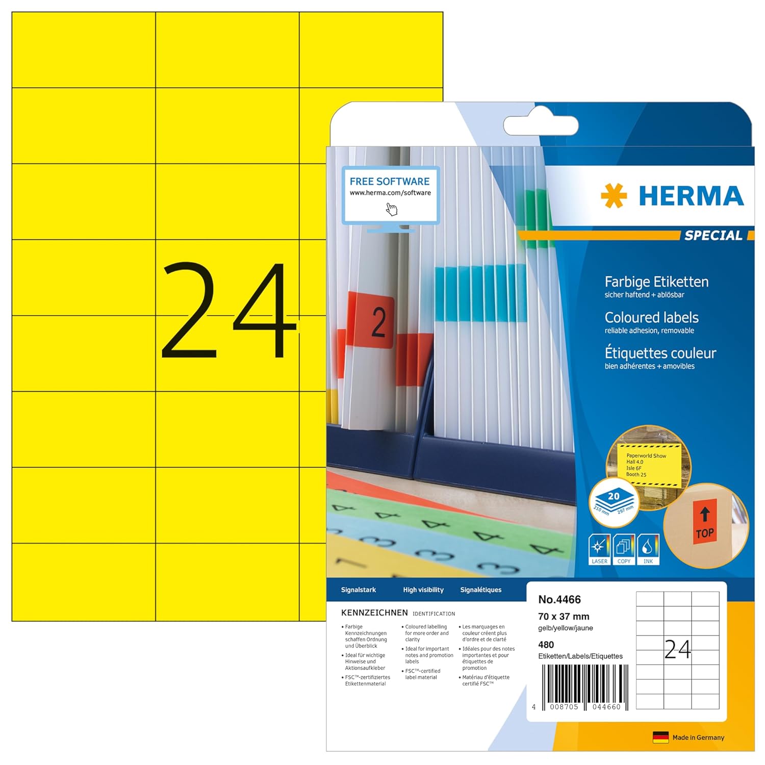 HERMA 4466 Renkli Etiketler Sarı Çıkarılabilir, 20 Yaprak, 70 x 37 mm, A4 Başına 24, 480 Adet, Kendinden Yapışkanlı, Yazdırılabilir, Mat, Renkli Etiket Çıkartma