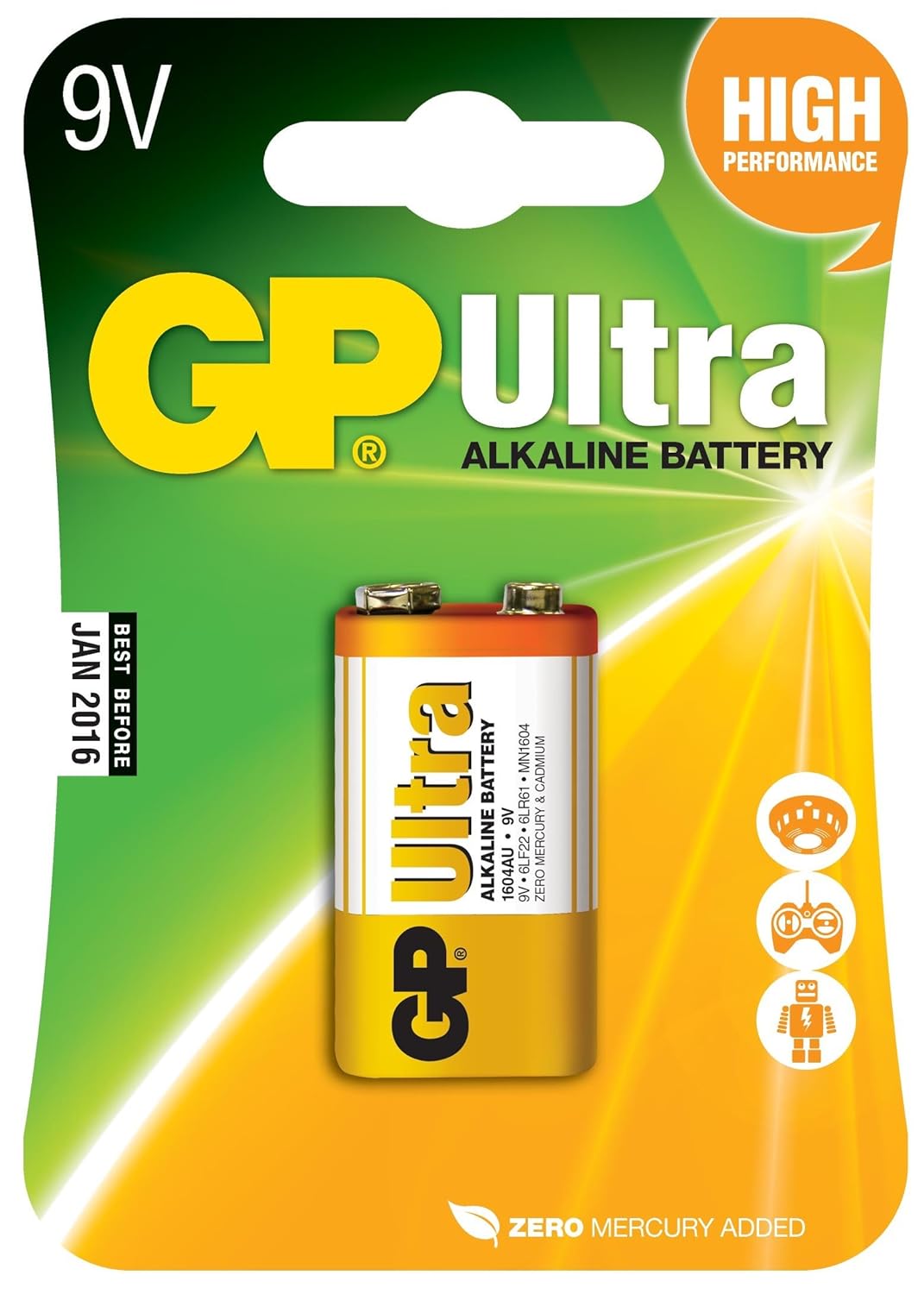 Gp Batteries Gp1604Au Ultra Alkalin 6Lf22/522/9V Pil, 9 Volt, Tekli Kart