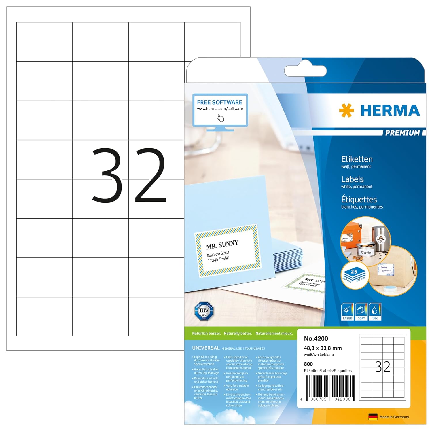 HERMA Evrensel Etiketler, 25 Yaprak, 48,3 x 33,8 mm, A4 Yaprak Başına 32 Adet, 800 Çıkartma, Kendinden Yapışkanlı, Yazdırılabilir, Mat, Beyaz