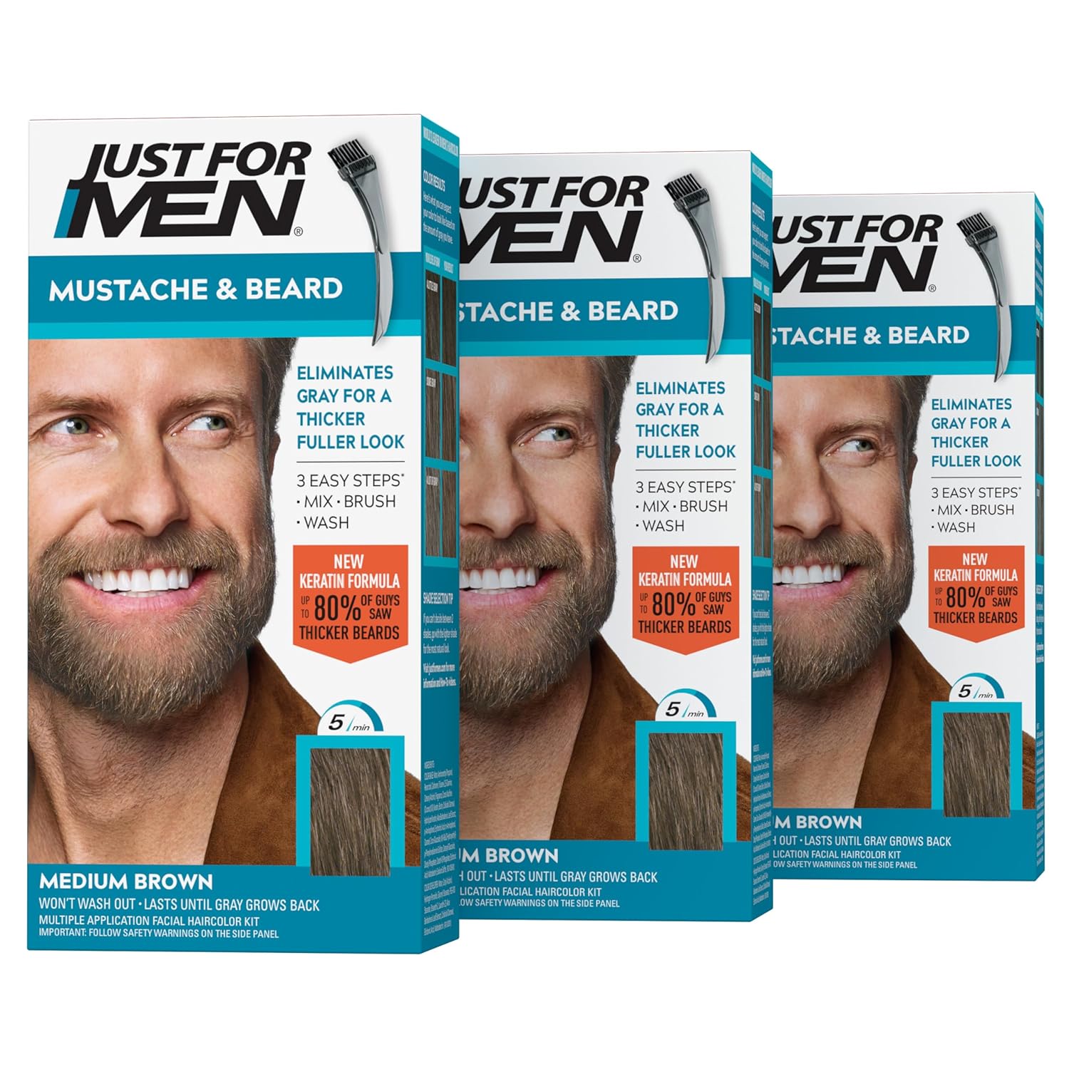 Just For Men Bıyık ve Sakal, Gri Saçlar için Sakal Boyama Kolay Uygulama için Fırça Dahil, Biotin Aloe ve Hindistan Cevizi Yağı ile Sağlıklı Yüz Saçları için - Orta Kahverengi, M-35, 3'lü Paket 1 Sayısı