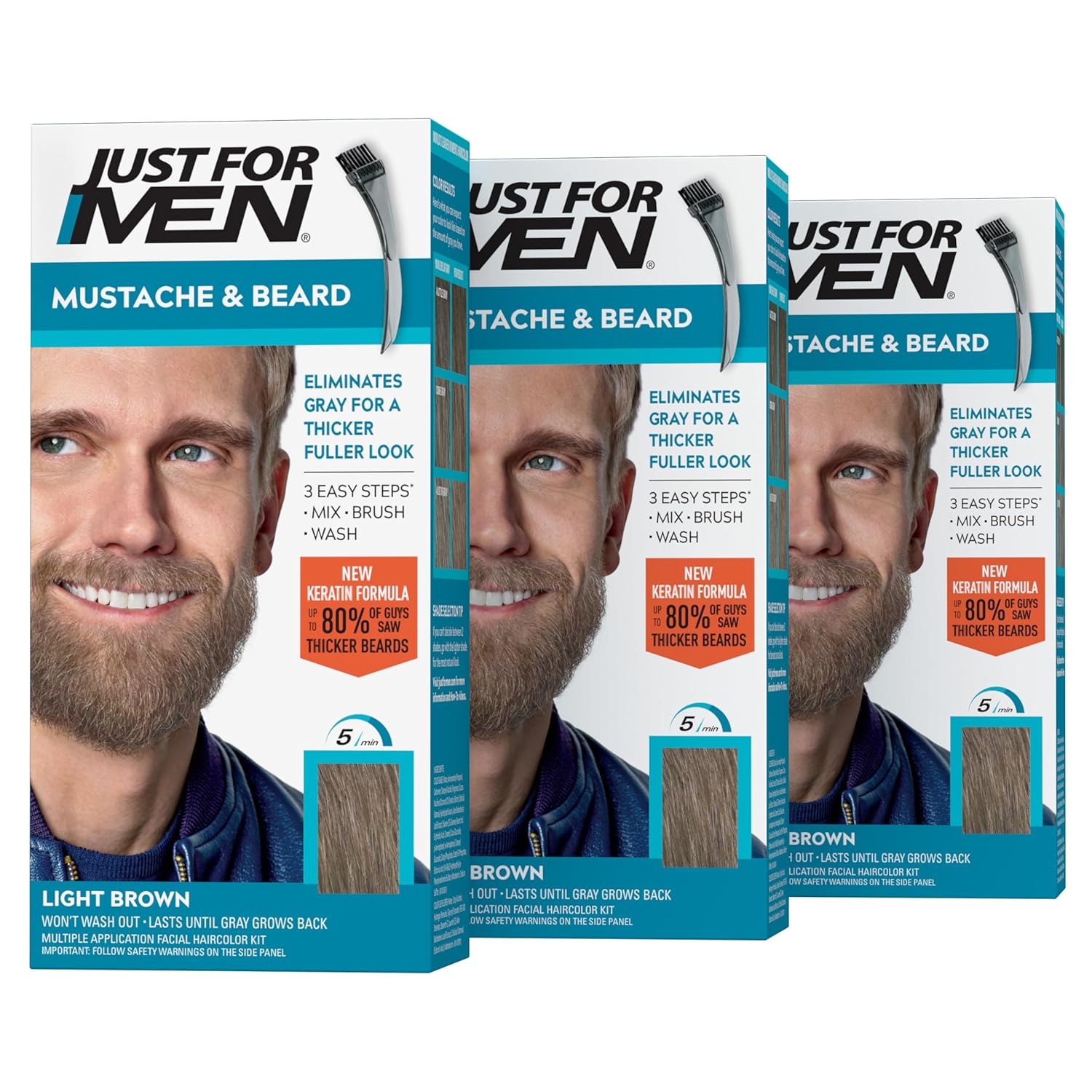 Just For Men Bıyık ve Sakal, Gri Saçlar için Sakal Boyama Fırça Dahil - Renk: Açık Kahverengi, M-25 1 Sayı (3'lü Paket)