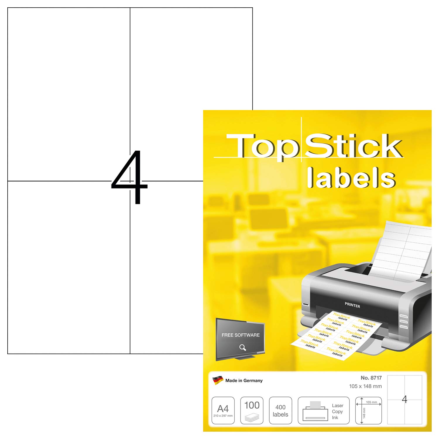 TopStick 8717 Evrensel Etiketler, 100 Yaprak, 105 x 148 mm, A4 Adet Sayfa Başına, 400 Adet, Kendinden Yapışkanlı, Basılabilir, Mat, Boş Kağıt Yapışkanlı Etiket Çıkartma, Beyaz