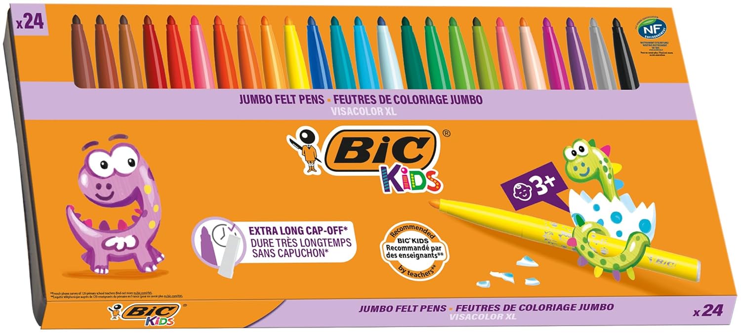 BIC Kids Visa Color XL Keçeli Boya Kalemi 24 Renk, Su Bazlı Mürekkep, Kolayca Çoğu Kumaştan Çıkar, 3 Yaş ve Üzeri Çocuklar için İdeal