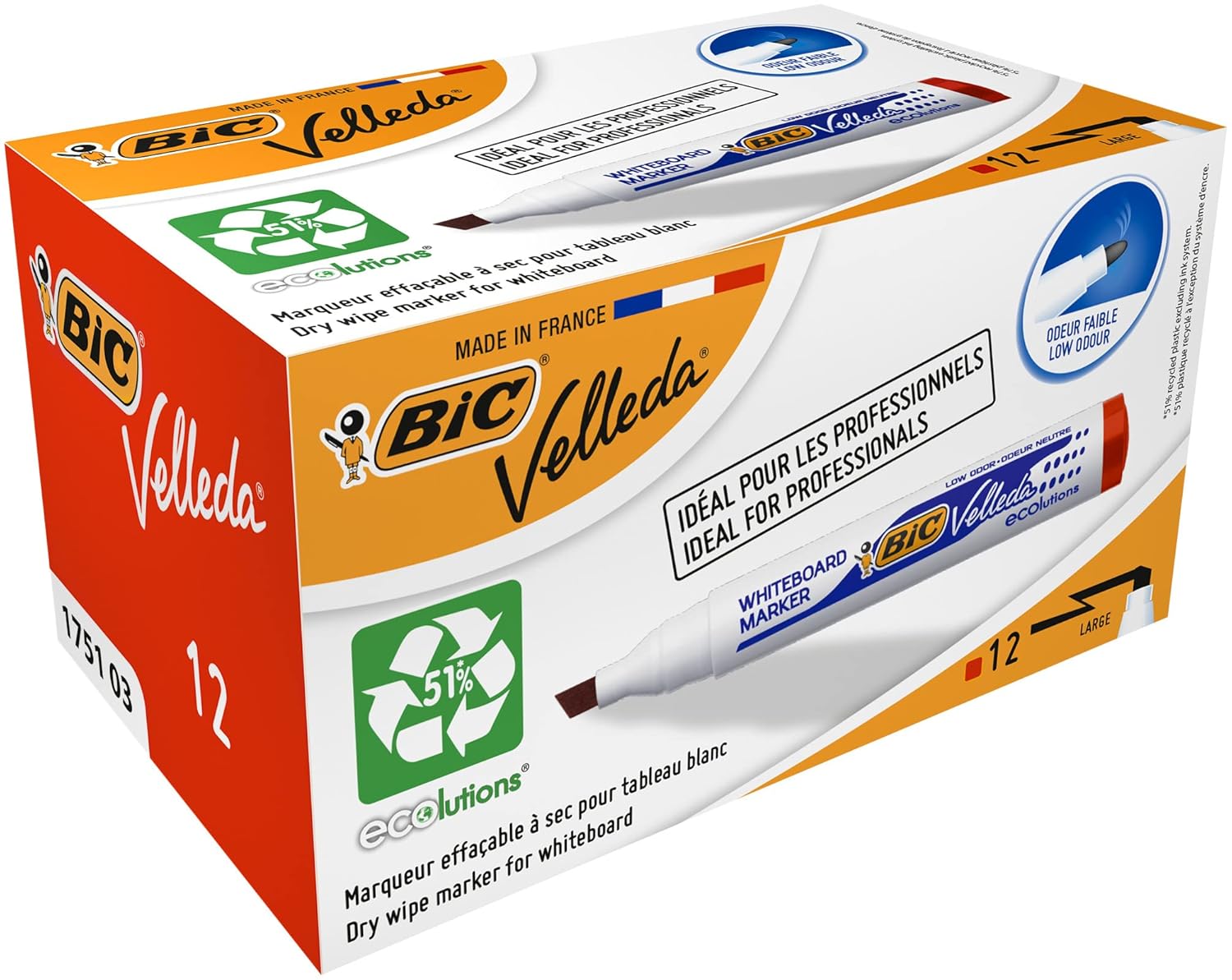 BIC Velleda 1751 Eco Kesik Uçlu Beyaz Tahta Kalemi, Kırmızı, 12'li Kutu, 3,7 mm ile 5,5 mm Kalın Uç,Kuru Silinebilir Mürekkep