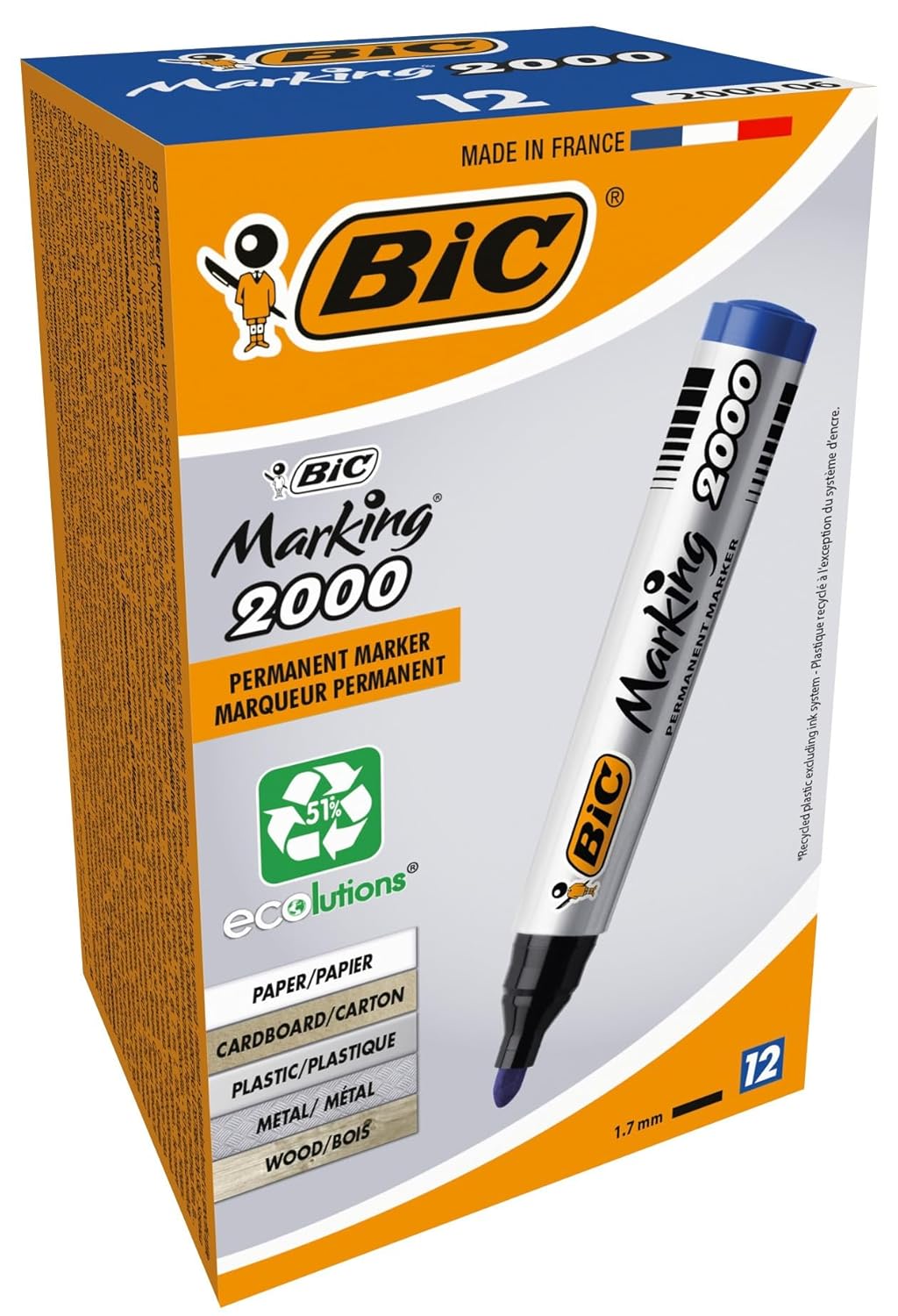 BIC Intensity Marker 2000 Yuvarlak Uçlu Permanent Markör, Mavi, 12'li Kutu, 1.7 mm Sağlam Uç, Hızlı Kuruyan Mürekkep