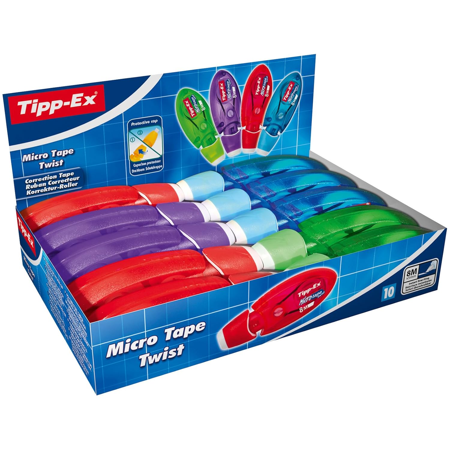 BIC Tipp-Ex Micro Tape Twist düzeltme rulosu, koruyucu kapaklı, 4 renk, 8 m x 5 mm, 10'lu paket, ofis, ev ofis veya okul için ideal