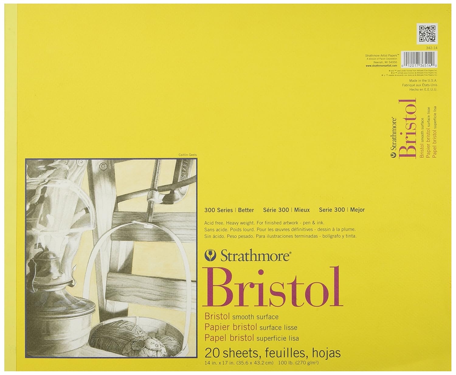 Strathmore 300 Serisi Bristol Kağıt Pedi, Pürüzsüz, Bant Ciltli, 14x17 inç, 20 Yaprak (100 lb/270 g) - Yetişkinler ve Öğrenciler için Sanatçı Kağıdı - İşaretleyiciler, Kalem ve Mürekkep