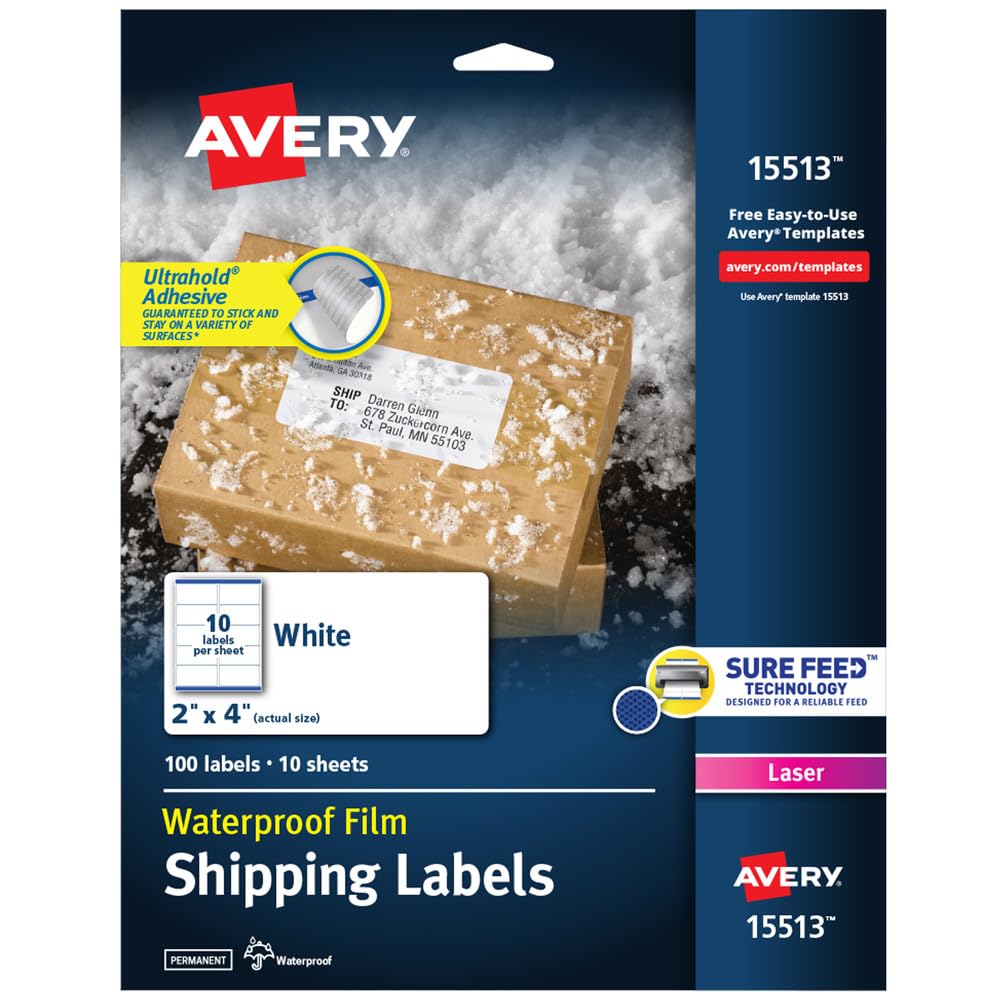 Avery Sure Feed & TrueBlock 2" x 4", 100 Beyaz Lazer Etiketli Su Geçirmez Kargo Etiketleri (15513)