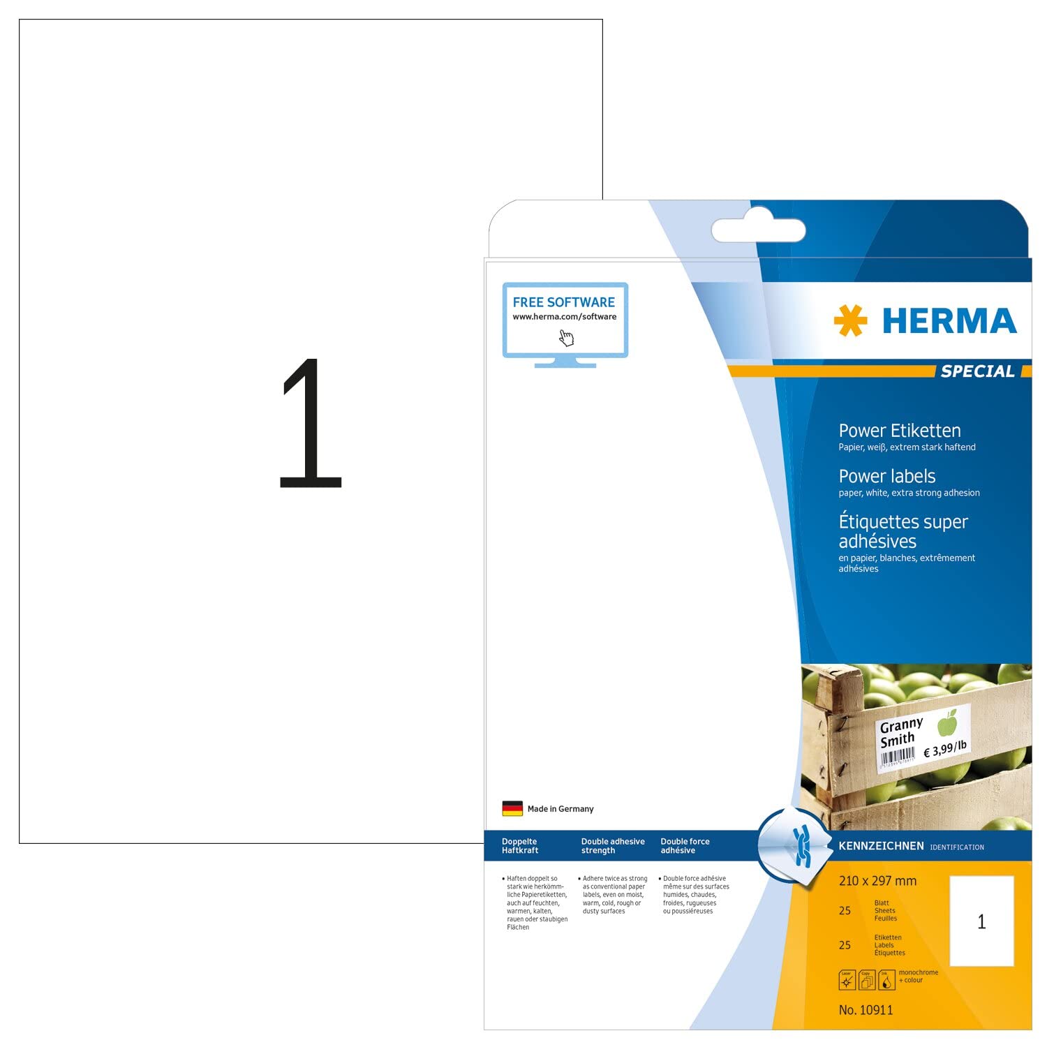 HERMA Power Etiketleri, 25 Yaprak, 210 x 297 mm, A4 Yaprak Başına 1 Adet, 25 Çıkartma, Kendinden Yapışkanlı, Kağıttan boş Yapışkan Etiketler, Beyaz