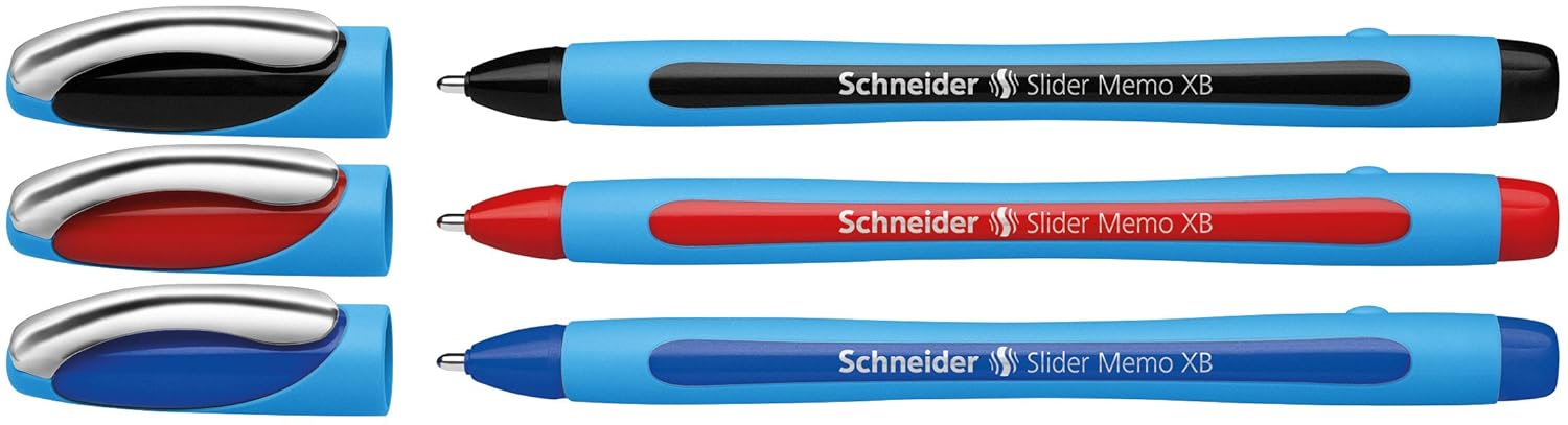 Schneider 150293 Slider Memo XB tükenmez kalem (kapaklı, çizgi kalınlığı: XB, yazı rengi: kırmızı/siyah/mavi, Almanya'da üretilmiştir) 3'lü kılıf