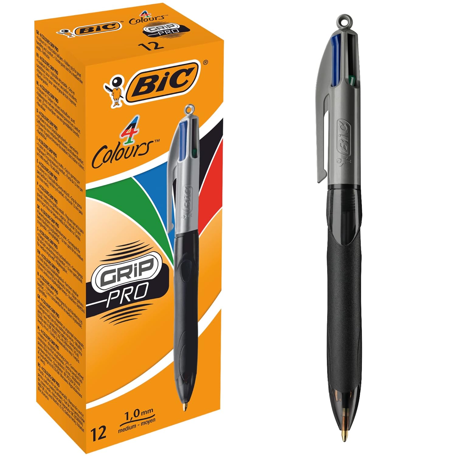 BIC 4 Colours Grip Pro Tükenmez Kalem 12'Li Kutu, Kauçuk Tutacak, 1.0mm Uç, Tek Kalemde Mavi, Kırmızı, Yeşil ve Siyah Renkler