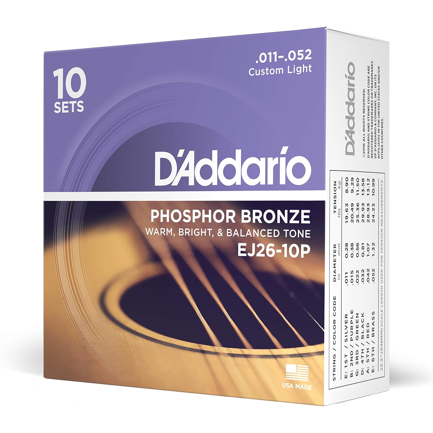 D'Addario Stahlsaiten Westerngitarre | HÖCHSTE QUALITÄT DER BELIEBTESTEN SAITENMARKE | EJ26-10P | Phosphor Bronze | Custom Light (11-52) | 10er Pack