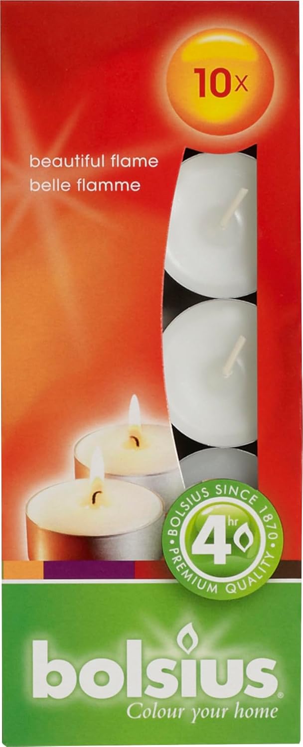 Bolsius Tealight, yumuşak ateşli, dumansız, paketli, yanma süresi 4 saat, dekoratif ev mumları, beyaz, doğal bitki mumu, palmiye yağı içermez, 10 adet, parfümsüz