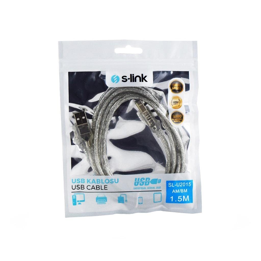 S-Link SL-U2015 Usb2.0 1.5m Şeffaf Yazıcı Kablosu, Şeffaf