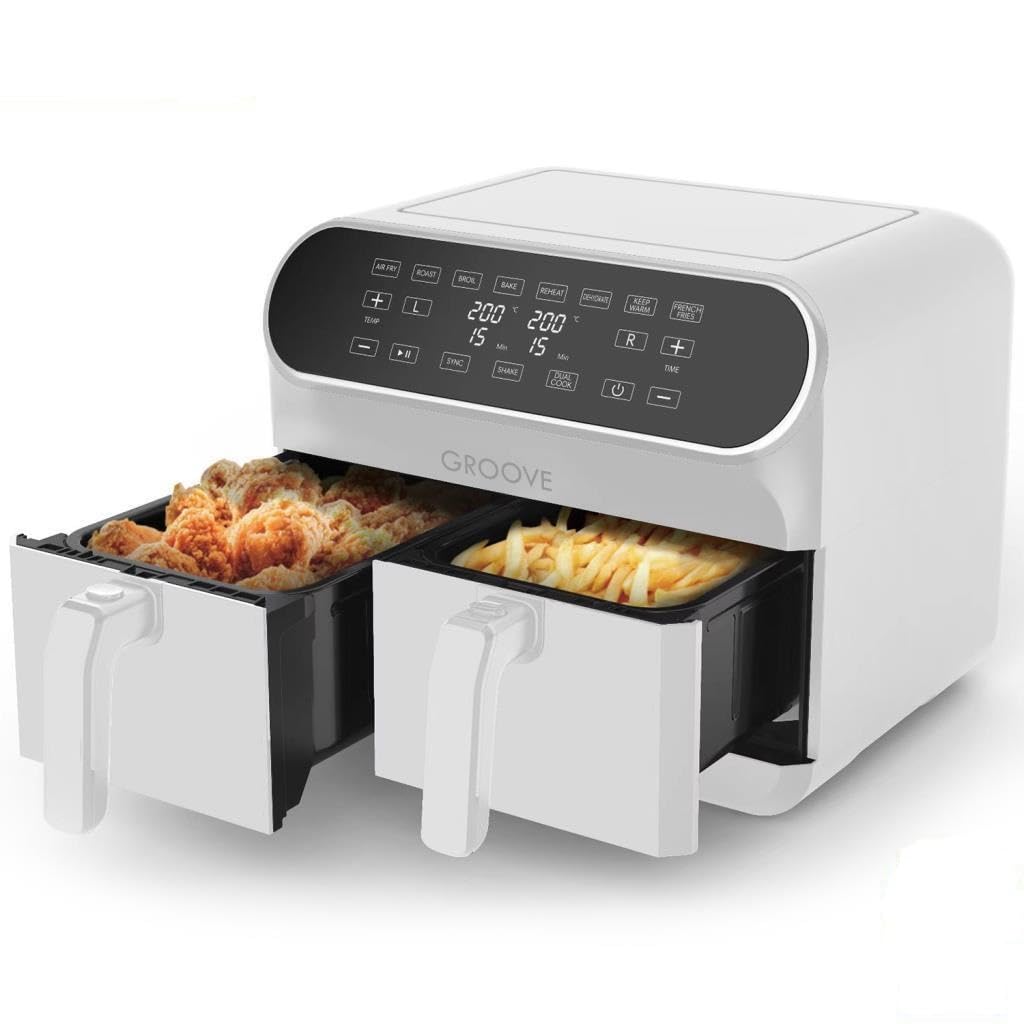 Groove Max Plus XXL 1800W (4Lt+4Lt) 8Lt Çift Hazneli Smart Airfryer Air Fryer Yağsız Sıcak Hava Fritözü Beyaz