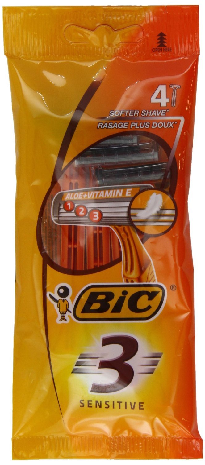 BIC 3 Sensitive Erkek Tıraş Bıçağı 4'lü Poşet (1 x 4 Adet), 3 Bıçaklı, Aloe Vera ile Zenginleştirilmiş Kayganlaştırıcı Jel Şerit