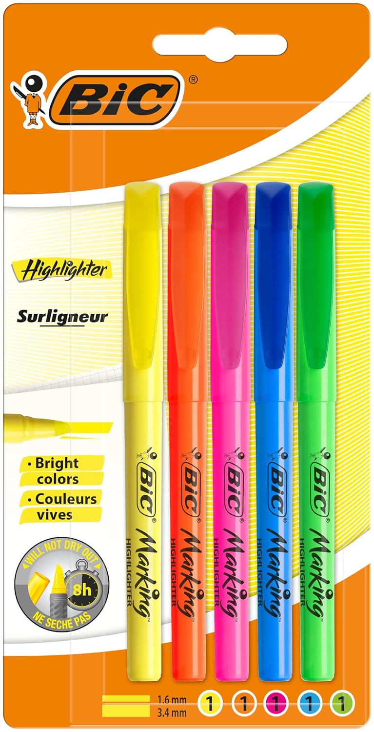 BIC Intensity Marking Highlighter Fosforlu Kalem 5'Li Blister Karışık Renkler, Floresan Su Bazlı Mürekkep