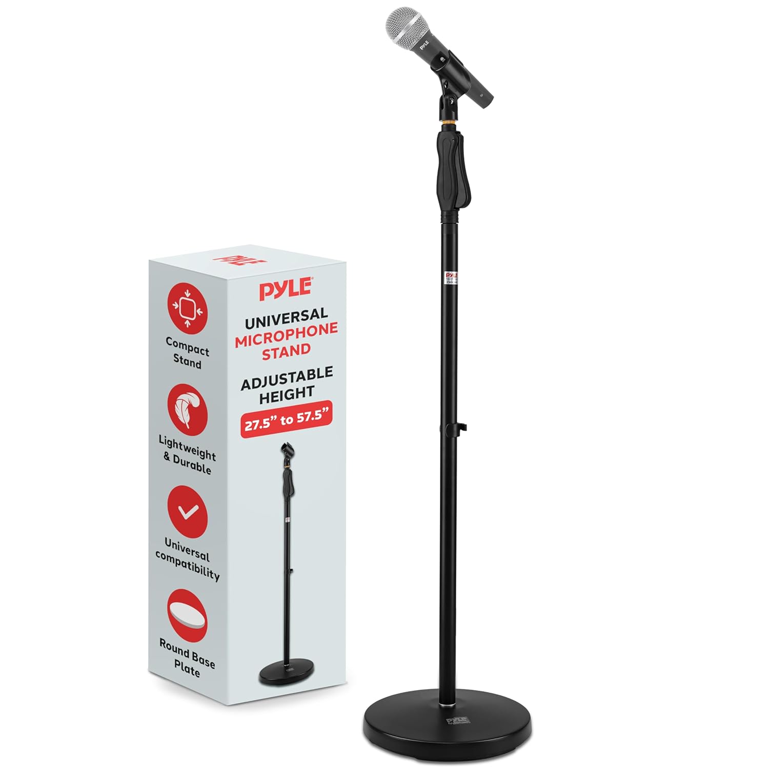 Pyle Evrensel Mikrofon Standı - M-6 Mikrofon Montaj Tutacağı ve Yüksekliği 27,5 "ila 57" inç arasında ayarlanabilir Yükseklik, Kompakt Yuvarlak Taban Plakası - Hızlı Ayar Kilit Sıkı Düğme Hafif ve