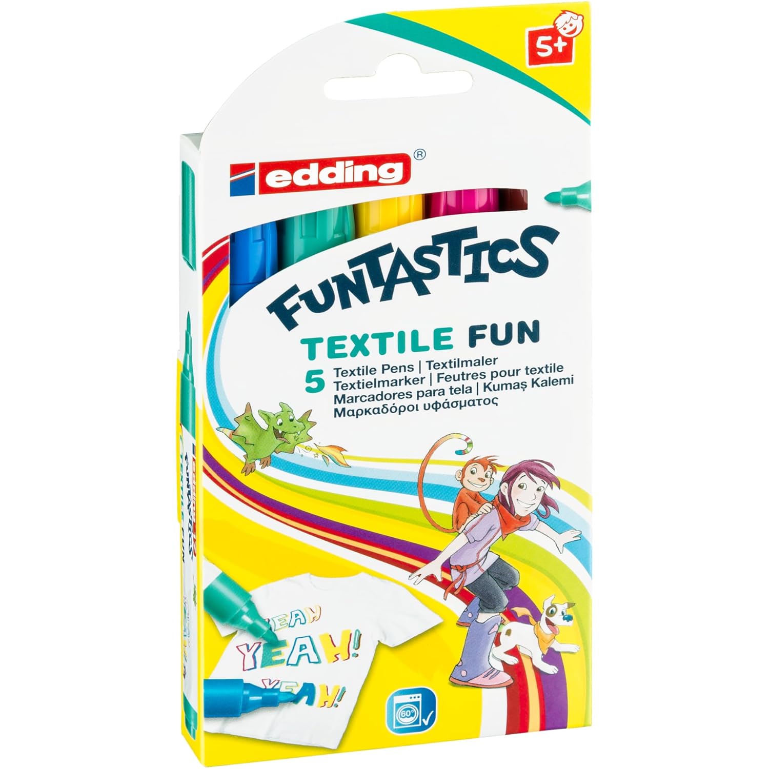 edding 17 FUNTASTICS TEXTILE FUN çocuklar için tekstil kalemi - sarı, kahverengi, mavi, kırmızı, yeşil - 5'li kalem seti - 2-3 mm yuvarlak uç