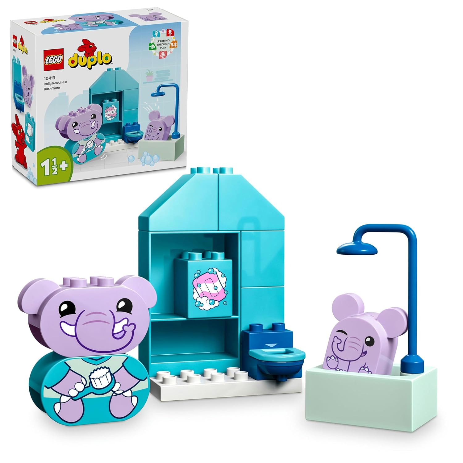 LEGO DUPLO İlk Günlük Rutinlerim: Banyo Zamanı 10413 – 1.5 Yaş ve Üzeri Çocuklar için Eğitici Hediye Fikri, 2 Oyuncak Fil, İnşa Edilebilen Tuvalet, Banyo ve Duş İçeren Oyuncak Yapım Seti (15 Parça)