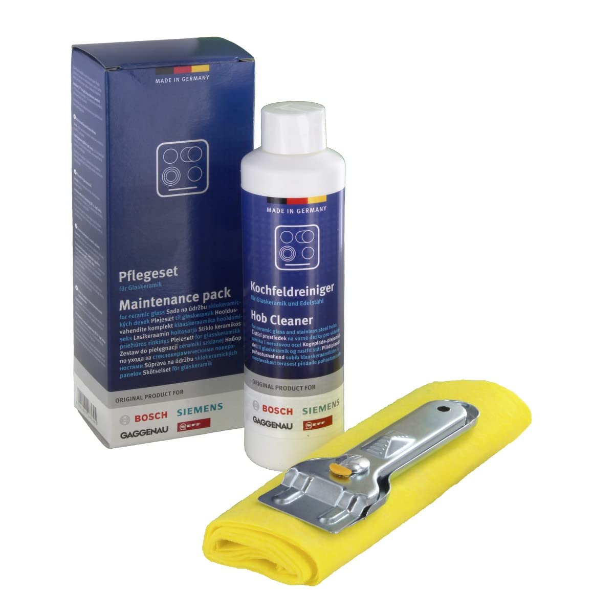 Bosch/Siemens 6900311502 Cam Seramik Ocaklar için Bakım Seti, 1 x 250 ml Cam Seramik Temizleyici, Metal Kazıyıcı ve Temizleme Bezinden Oluşur, Orijinal No.: 311502