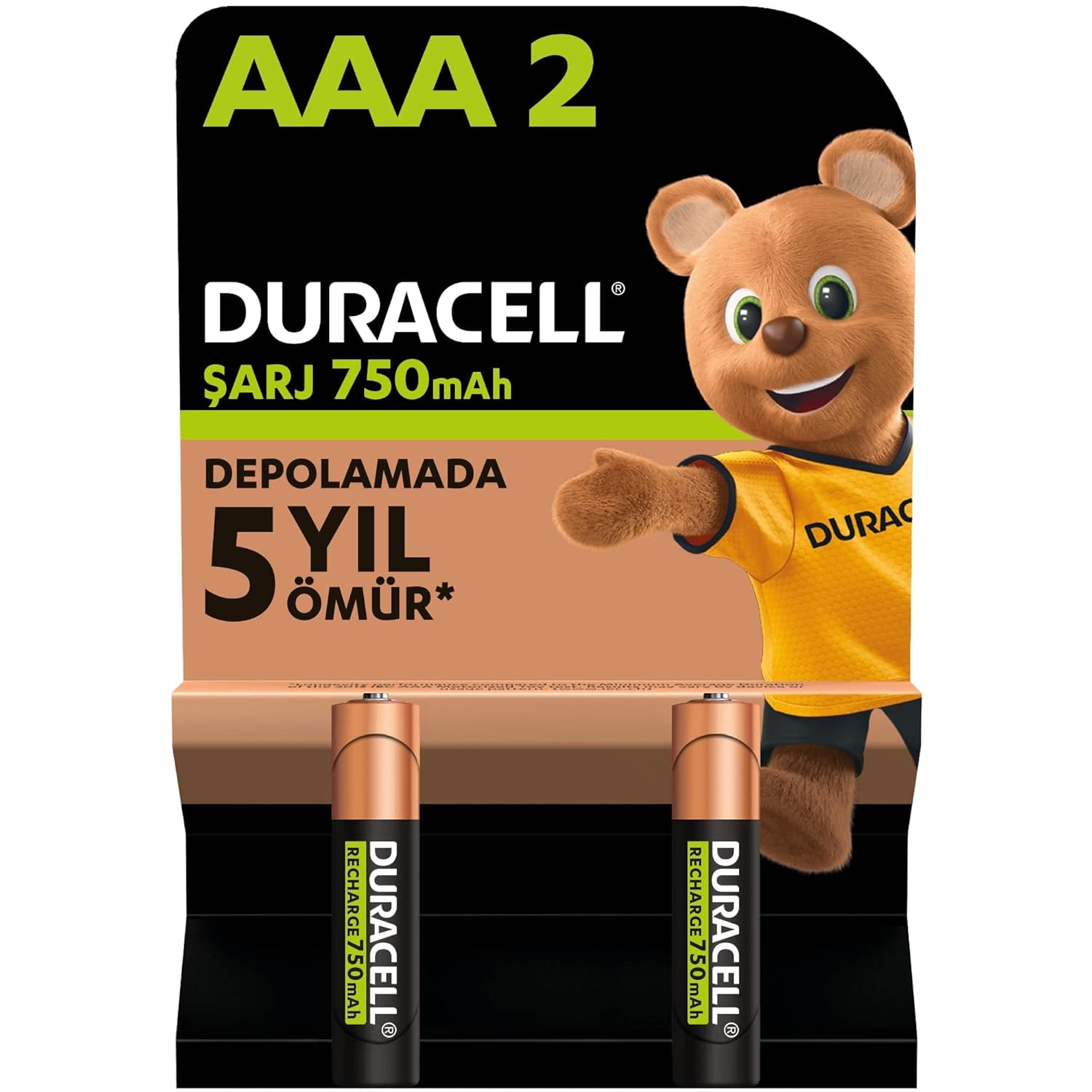 Duracell Şarj Edilebilir AAA İnce Kalem Pil (2'li paket) 750 mAh NiMH, 1000 Sarj Döngüsü, Önceden Sarj Edilmiştir