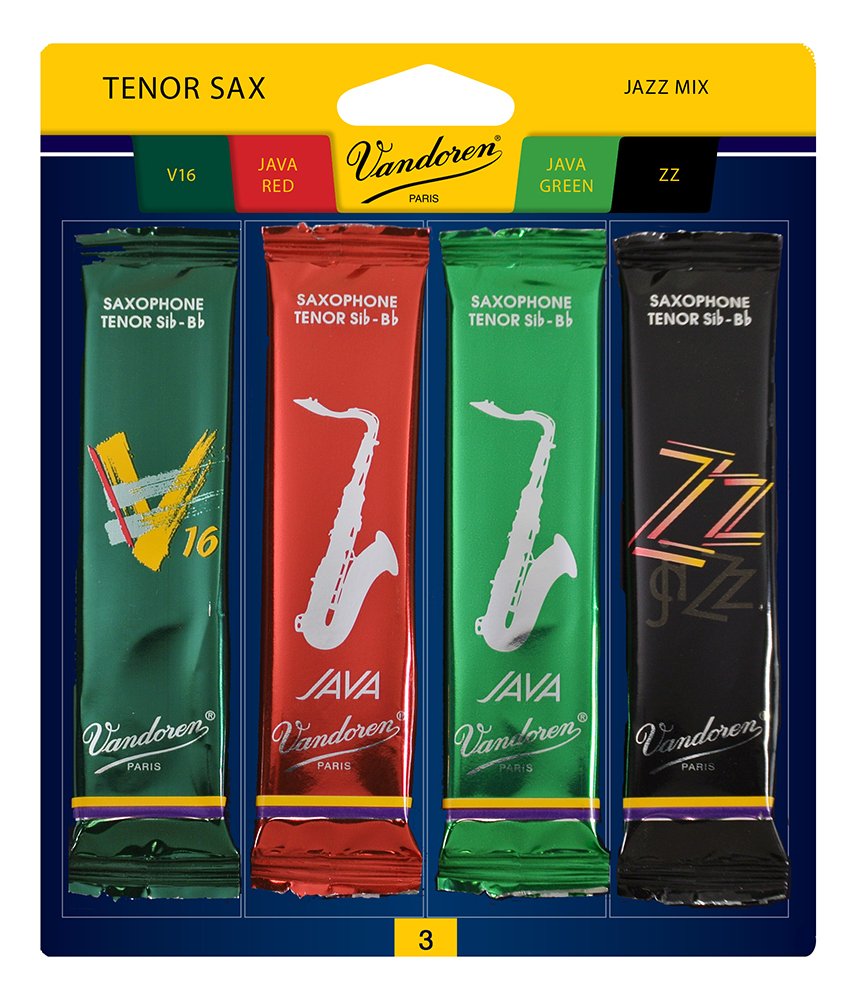 Vandoren SRMIXT3 Tenor Sax Jazz Reed Karışık Kart her biri 1 adet ZZ, V16, JAVA ve JAVA Red Strength 3 içerir