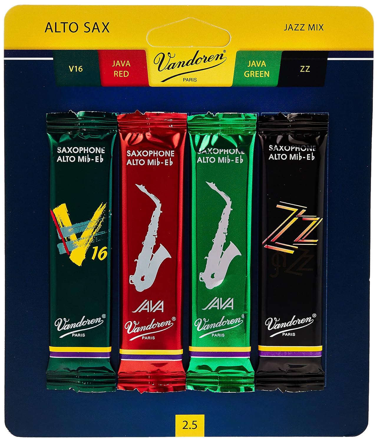 Vandoren SRMIXA25 Alto Sax Jazz Reed Karışık Kart her biri 1 adet ZZ, V16, JAVA ve JAVA Red Strength 2.5 içerir