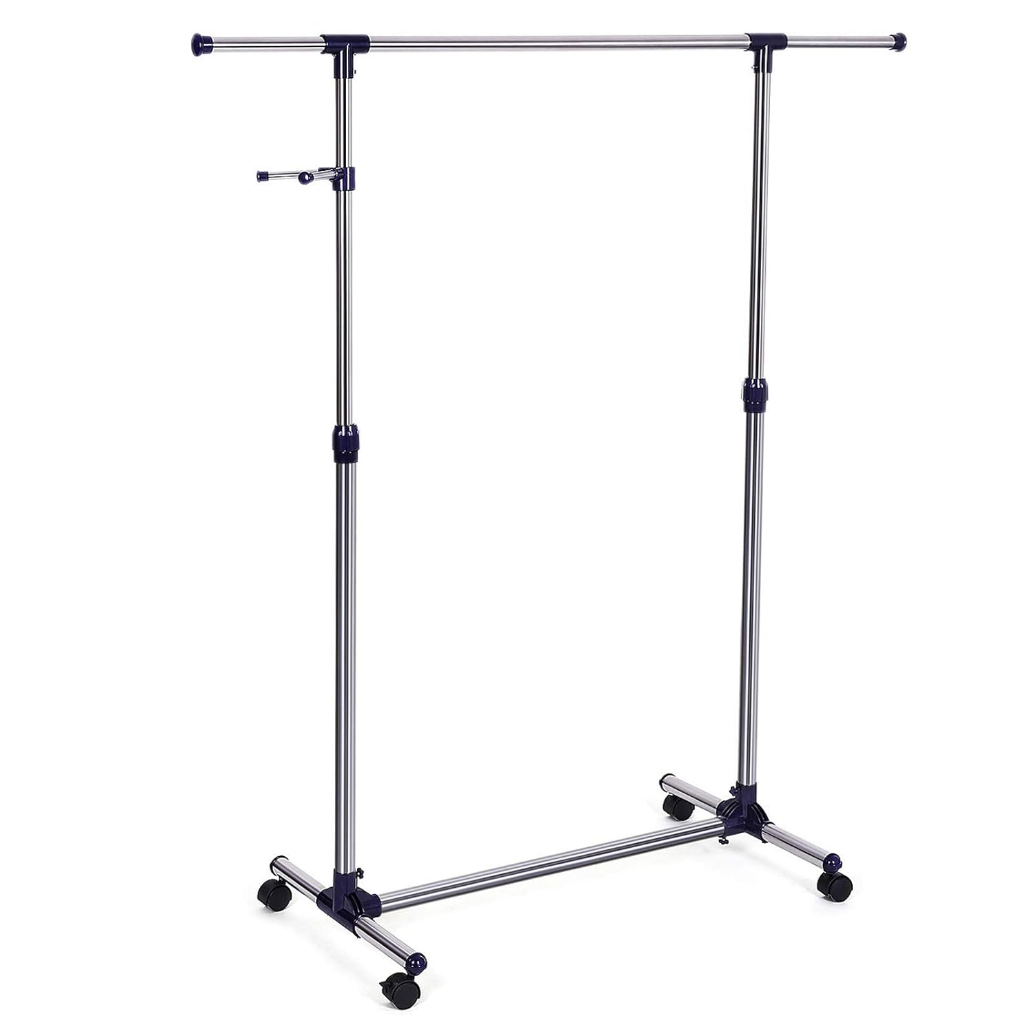 SONGMICS Elbise Askısı, Tekerlekli Elbise Standı, Paslanmaz Çelik Kaplamalı Borular, Uzatılabilir Elbise Askısı, Aksesuarlar için Yan Kancalar, Yüksekliği Ayarlanabilir 97-165 cm, Mavi Llr01L