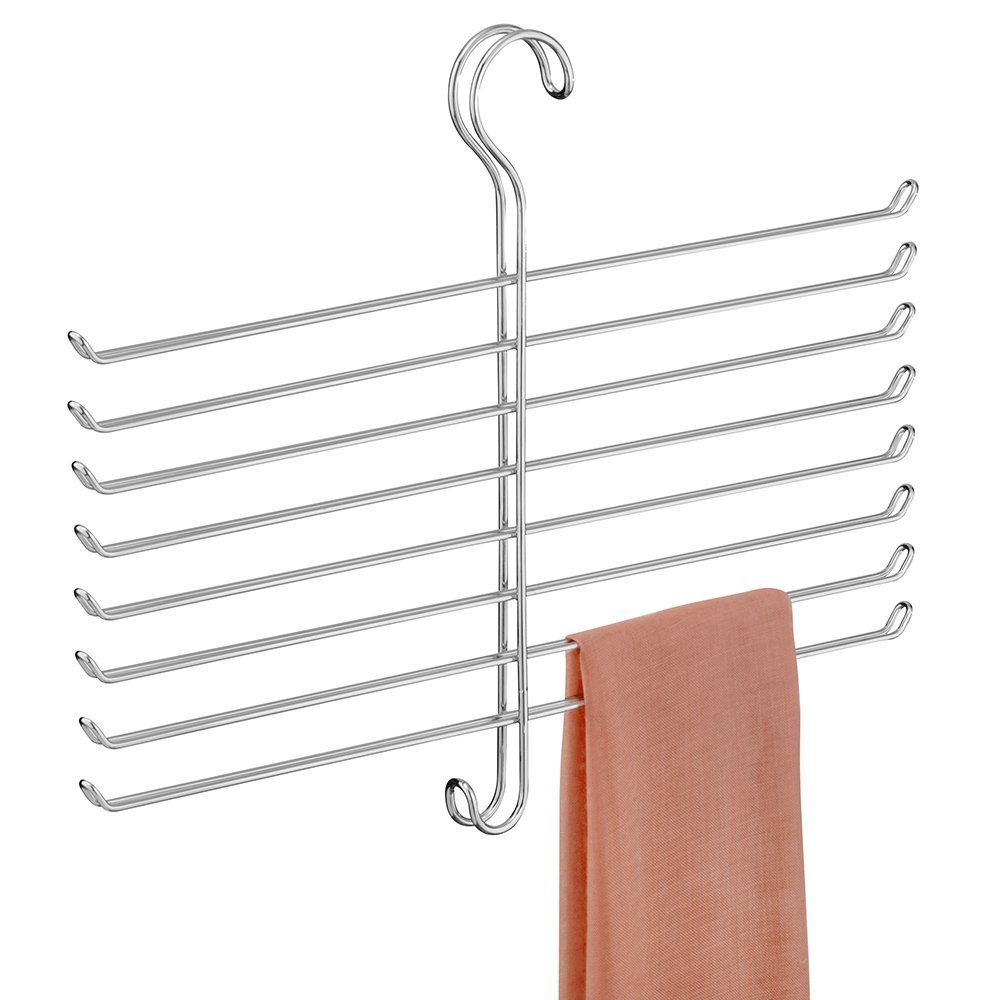 iDesign Şal için asma saklama kutusu, küçük metal asma düzenleyici, şallar, kravatlar ve kemerler için, kırışmaz şal saklama, 8 çubuklu ve 1 kancalı, gümüş rengi