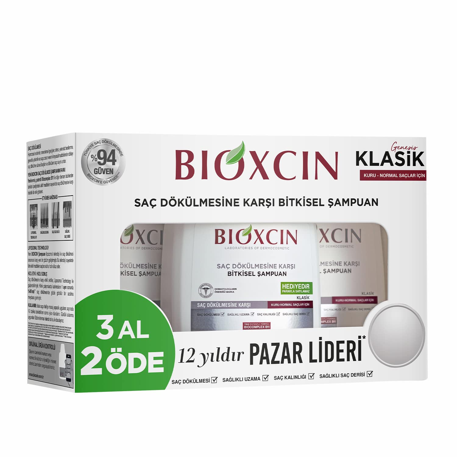Bioxcin Klasik Bitkisel Kuru ve Normal Saçlar için 3x300 ml Saç Dökülmesine Karşı Şampuan